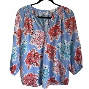 Crown & Ivy Top Womens Blue Coral Shells VNeck PXL Flowy Beachy Resortwear Comfy
